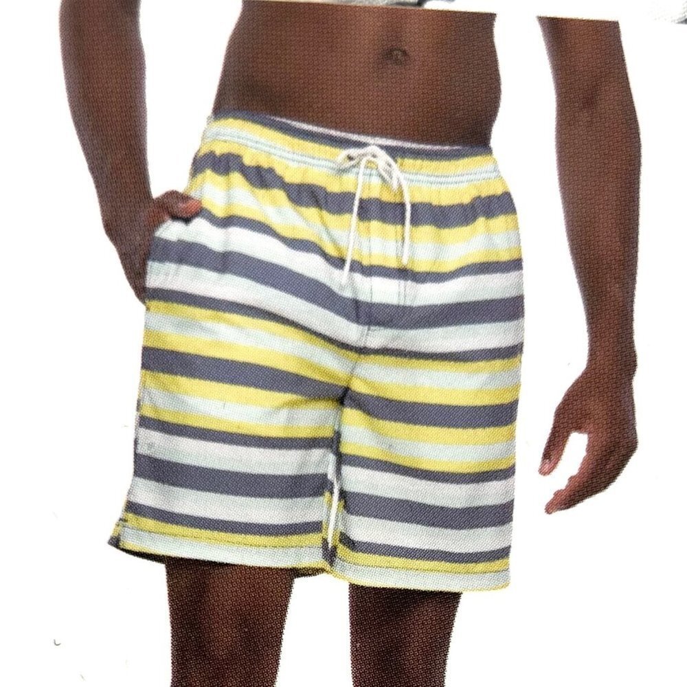 NEW MEN'S STRIPED RECYCLED POLYESTER SWIM TRUNKS W/ POCKETS - L 36"-38"